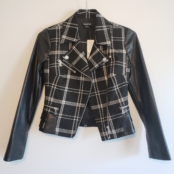 bebe Jackets & Blazers - Bebe Plaid Moto Jacket